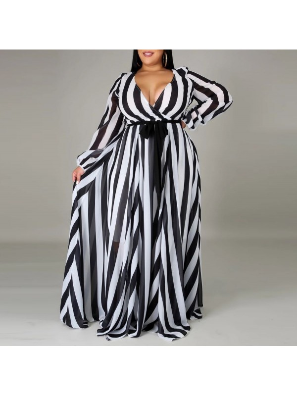 Vestito Donna Lungo a Righe Taglie Grandi Woman Oversize Maxi Dress OS120013B- f5